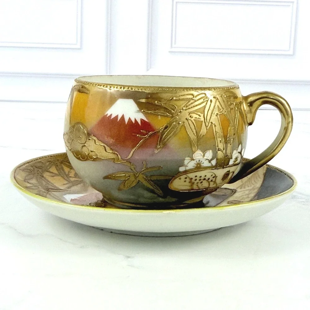 VTG Mt. Fuji Japan Hand Painted Teacup and Saucer Bamboo Gilded